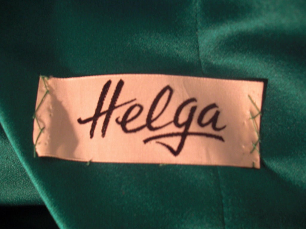 1950s Helga Emerald Green Silk Satin Gown w/ Back Bow 3
