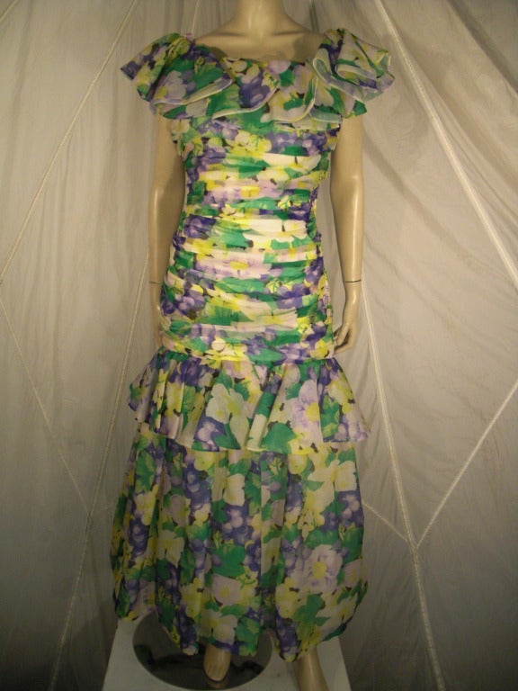 1980s Arnold Scaasi Garden Party Chic Formal Ruffled Gown In Excellent Condition In Gresham, OR