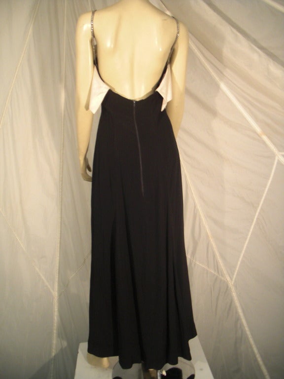 1970s Bob Mackie Black Gown w/ White Bow and Rhinestone Trim In Excellent Condition In Gresham, OR