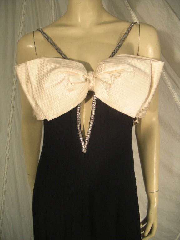 Women's 1970s Bob Mackie Black Gown w/ White Bow and Rhinestone Trim