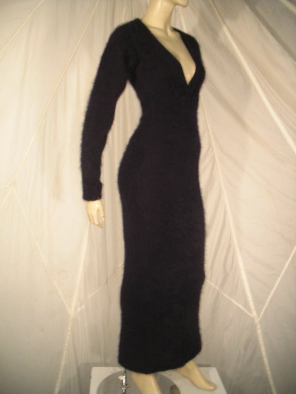 A beautiful, body conscious, 1980s James Galanos cashmere and angora long sleeved gown with deep plunging neckline.