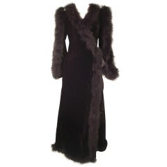 Retro Fernando Sanchez 1970s Velvet and Marabou Dressing Gown w/ Bared Arms