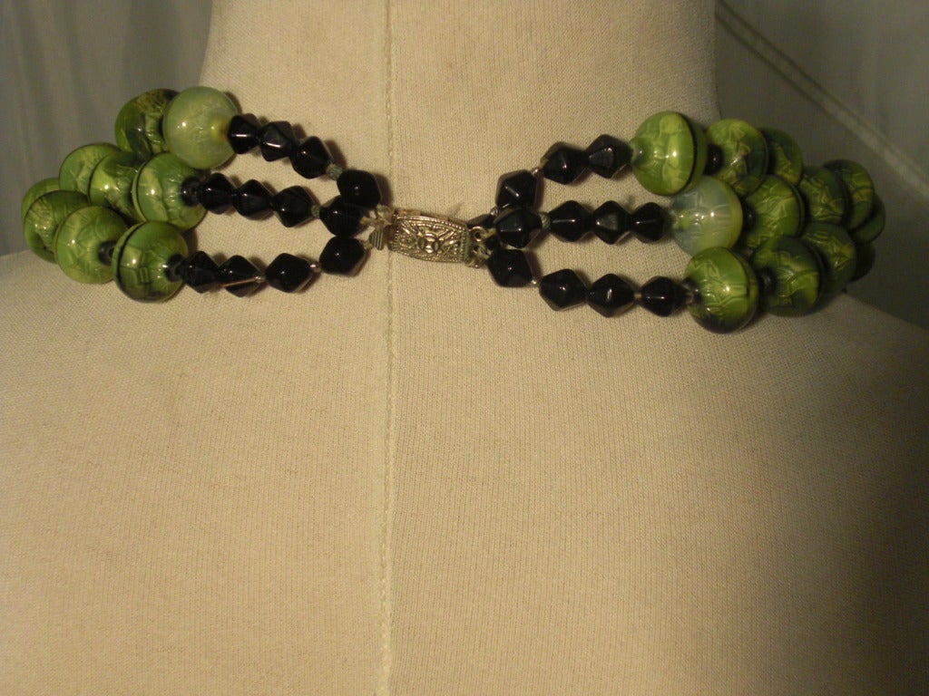 1950s Hand-Made Glass Bead Triple Strand Necklace 1