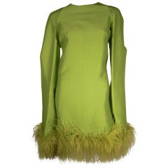 1960s Apple Green Silk Shantung Mini Dress with Ostrich Trim