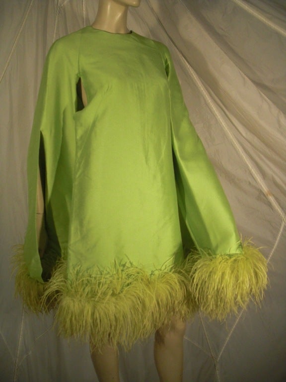 1960s Apple Green Silk Shantung Mini Dress with Ostrich Trim In Excellent Condition In Gresham, OR