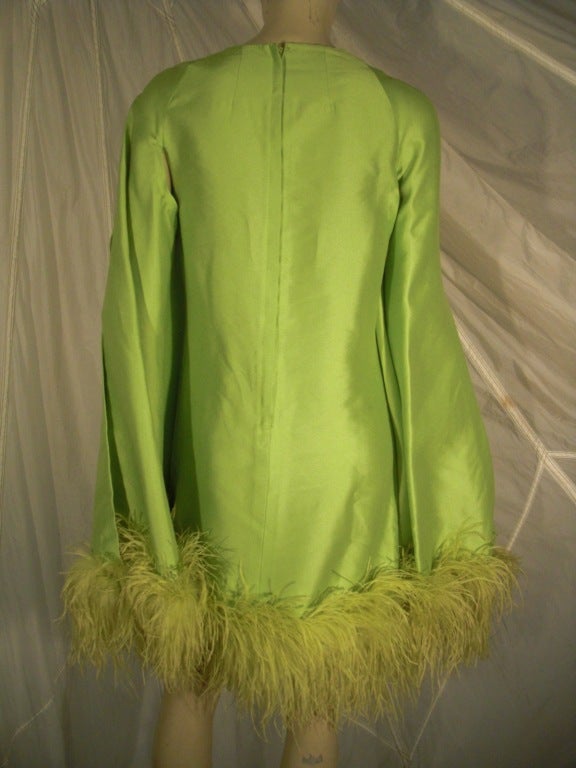 Women's 1960s Apple Green Silk Shantung Mini Dress with Ostrich Trim