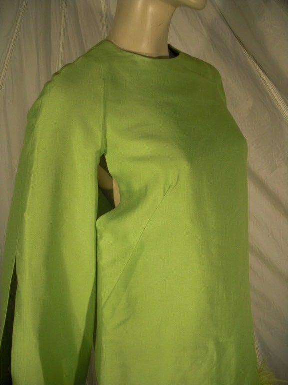 1960s Apple Green Silk Shantung Mini Dress with Ostrich Trim 1