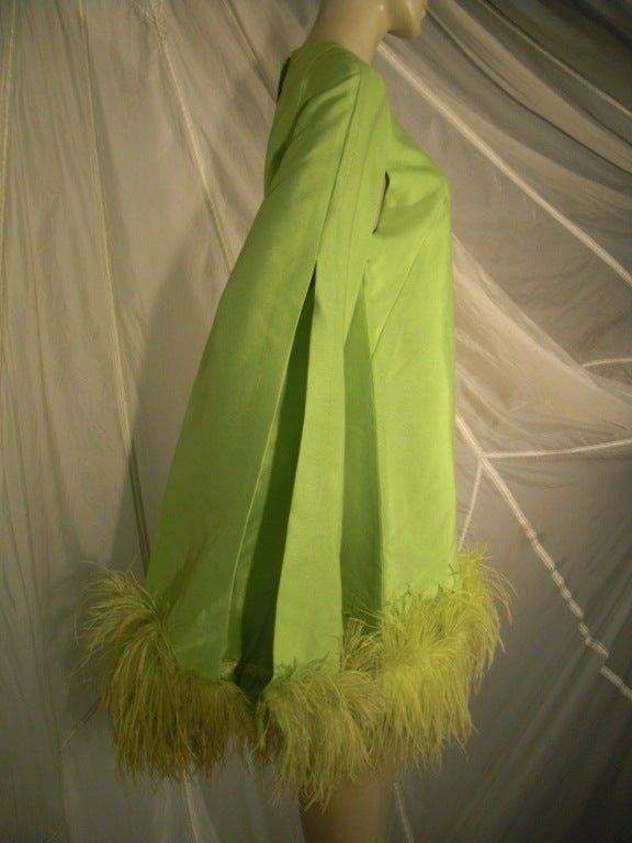1960s Apple Green Silk Shantung Mini Dress with Ostrich Trim 2