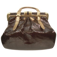 Oscar De la Renta Mocha Patent Leather Tote Bag with Gold Leather and Metal Accents