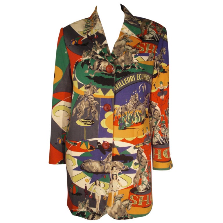 1980s Complice French Circus Collage Print Lightweight Wool Jacket