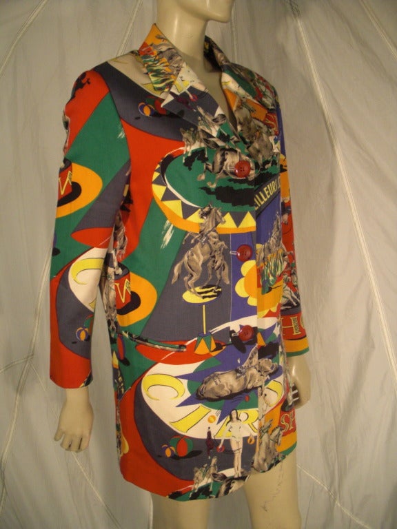 A 1980s Complice French circus collage print lightweight wool jacket with buttons on sleeve and front. Boxy 