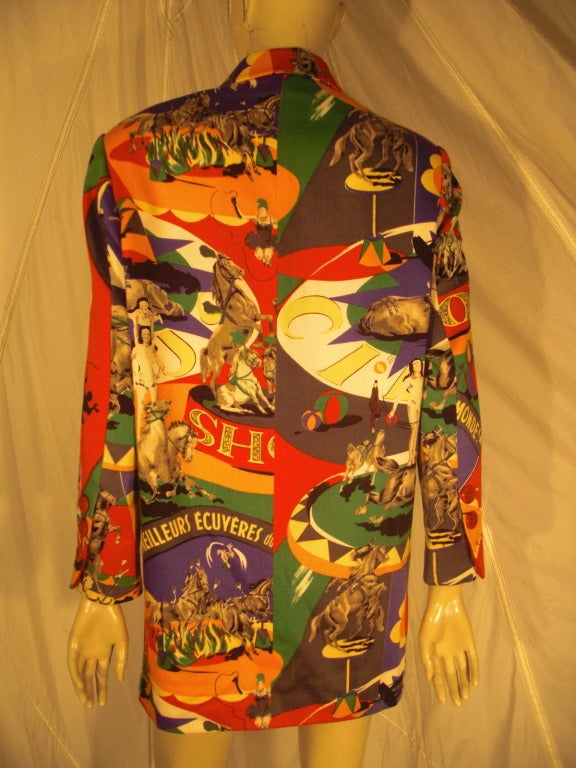 1980s Complice French Circus Collage Print Lightweight Wool Jacket In Good Condition In Gresham, OR