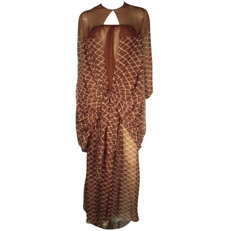 1970s James Galanos 2-Piece Printed Silk Chiffon Jumpsuit and Cocoon Float