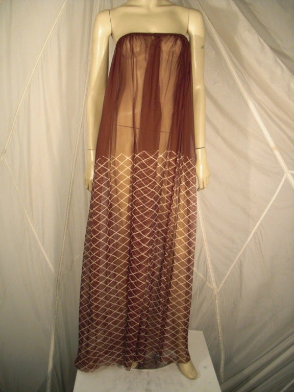 1970s James Galanos 2-piece printed brown/white silk chiffon strapless jumpsuit wide leg and front-gathered cocoon 
