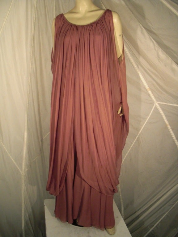 1970s Galanos Silk Chiffon Mauve 2-piece Jumpsuit and Chiffon Tunic In Excellent Condition In Gresham, OR