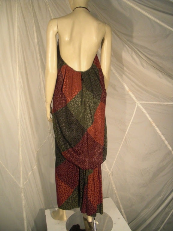 Brown 1970s Galanos Plaid Silk Jacquard Halter Gown