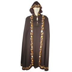 1970s Lightweight Wool Cape with Lovely Crewel Work Back Panel and Hood