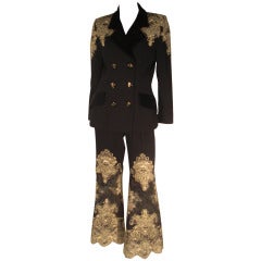 Vintage 1980s Jacque Fath Pantsuit w/ Elaborate Gold Lace Applique