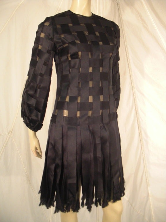 1960s Galanos for Amelia Gray basket-woven black silk ribbon dress with dropped waist and 
