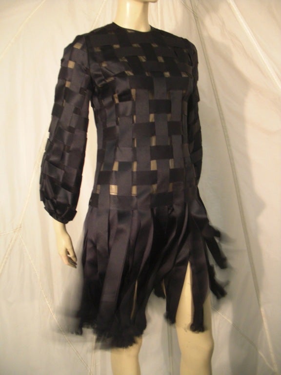 Black 1960s Galanos Basket-Woven Silk Ribbon Dress w/ CarWash Skirt