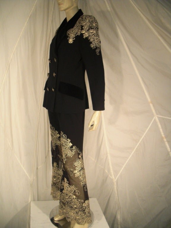 1980s Jacque Fath Pantsuit w/ Elaborate Gold Lace Applique