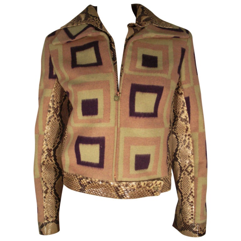 1980s Gianni Versace Felted Wool Mod Print Jacket with Snakeskin Trim