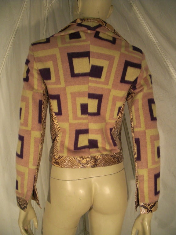 Brown 1980s Gianni Versace Felted Wool Mod Print Jacket with Snakeskin Trim