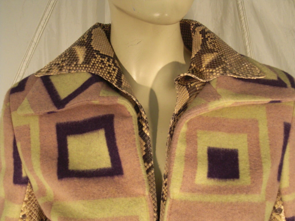 1980s Gianni Versace Felted Wool Mod Print Jacket with Snakeskin Trim In Excellent Condition In Gresham, OR