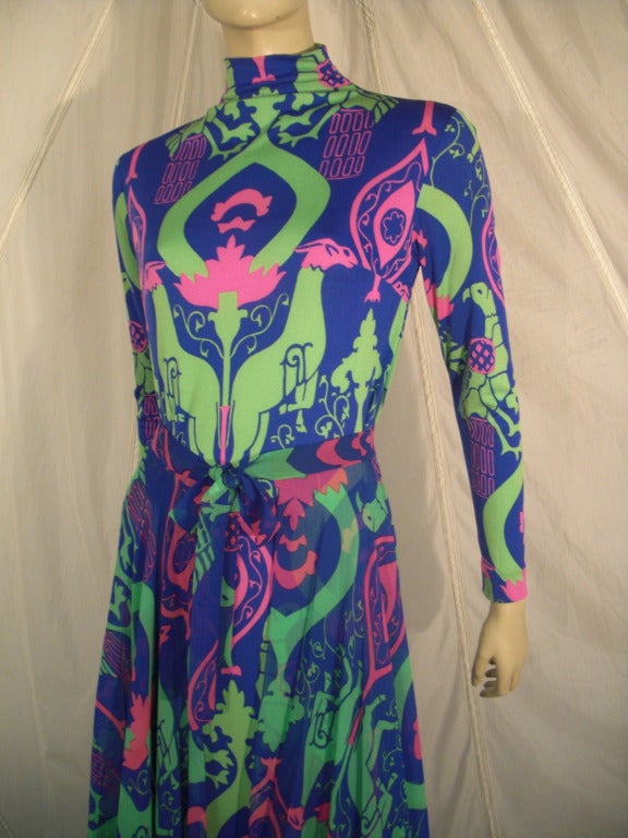 Women's 1970s La Mendola Silk Jersey Gown with Chiffon Overskirt in Neo-Classical Print