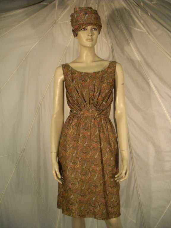 Brown 1960s Paisley Lurex Cocktail Dress w/ Matching Jeweled Turban