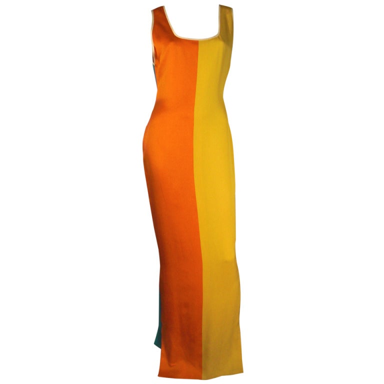 1980s Galanos Silk ColorBlock Gown with Plunging Back