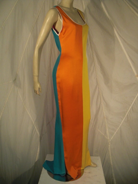 1980s Galanos silk crepe colorblock gown: white piped neckline and armholes.  Dramatic plunging back and tapered color train panels.  Back zipper and fully lined in silk crepe.