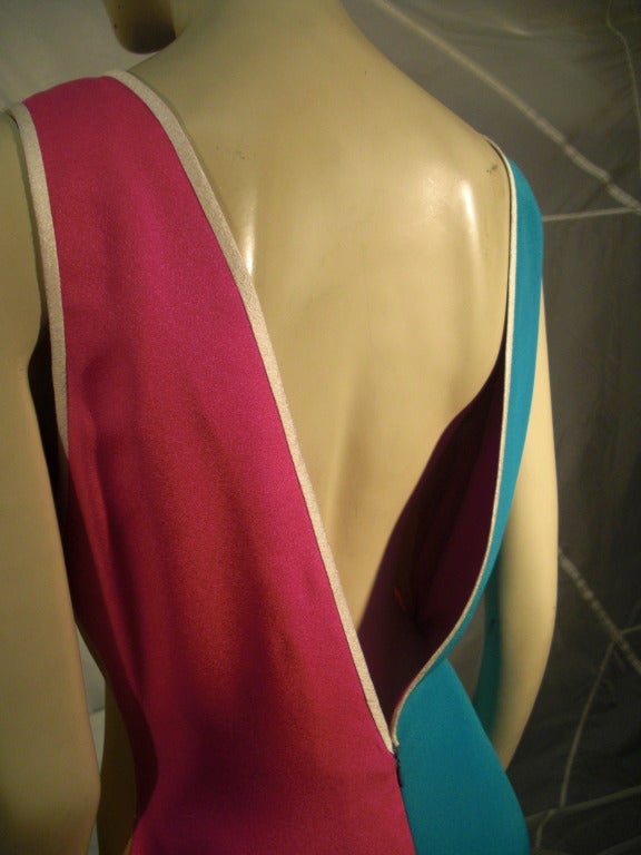 1980s Galanos Silk ColorBlock Gown with Plunging Back 2