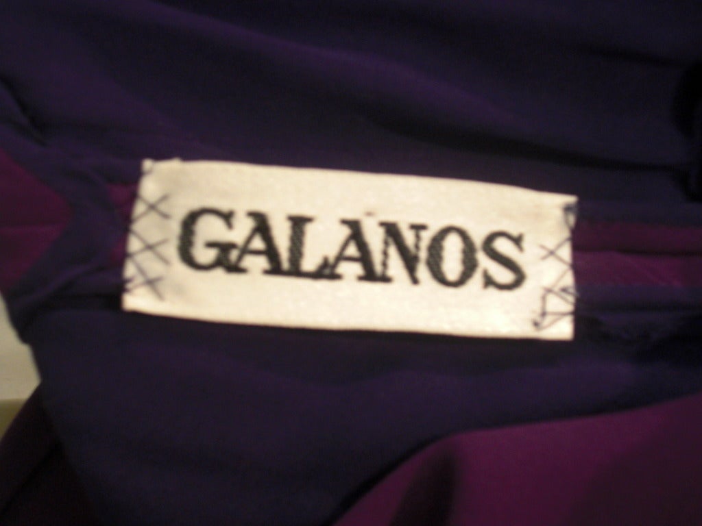 1980s Galanos Aubergine Pleated Gown w/ Pistachio and Mint Green Overlay and Belt 2