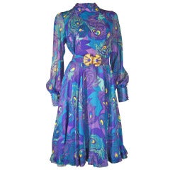 1970s La Mendola Silk Jersey and Chiffon Abstract Peacock Print Cocktail Dress 2