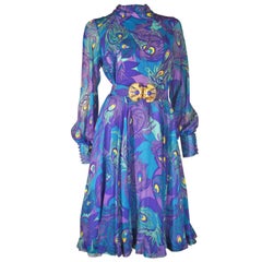 1970s La Mendola Silk Jersey and Chiffon Abstract Peacock Print Cocktail Dress