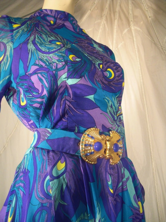 Purple 1970s La Mendola Silk Jersey and Chiffon Abstract Peacock Print Cocktail Dress For Sale