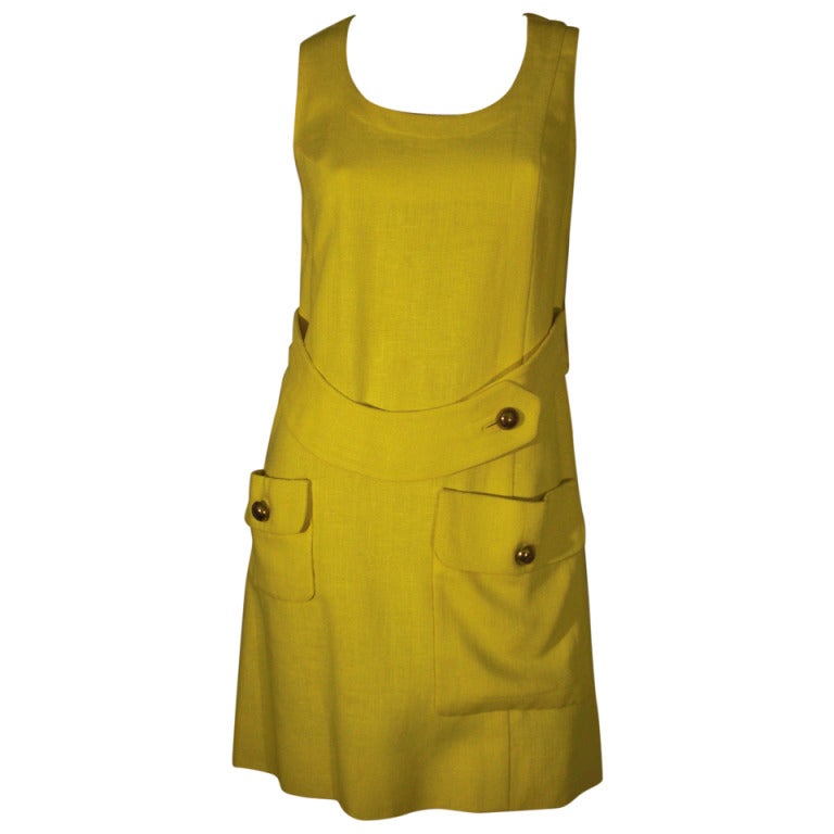 1960s Yellow Linen Mini Dress with Hip Pockets and Contour Belt