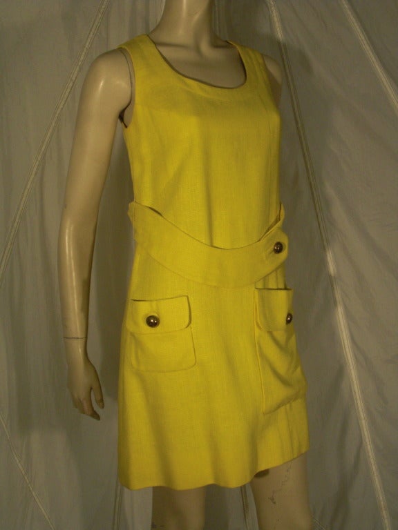 1960s Yellow Linen Mini Dress with Hip Pockets and Contour Belt 1