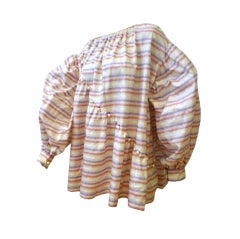 Galanos 80s Smock Top in Striped Silk with Gathers and Pearls