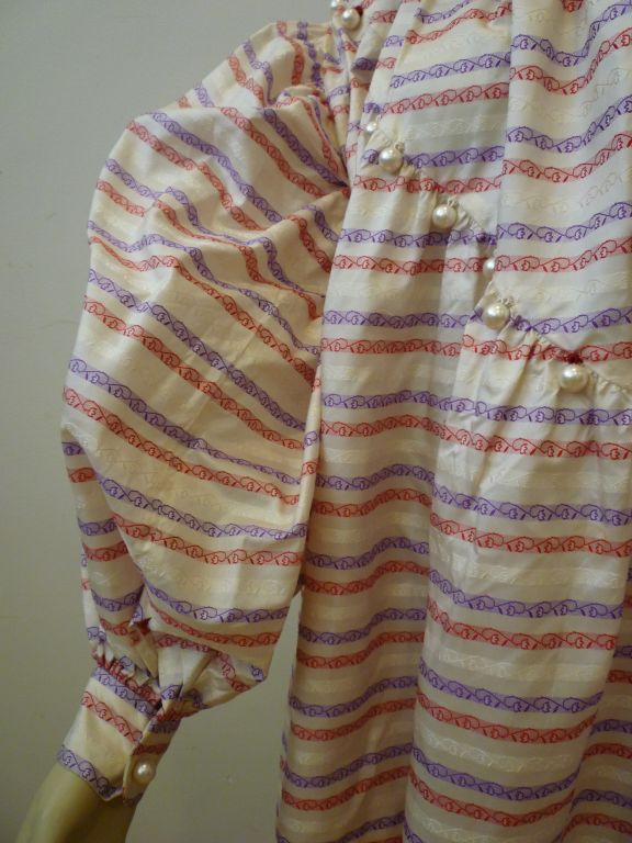Galanos 80s Smock Top in Striped Silk with Gathers and Pearls