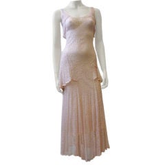 Antique 1930s Pink Eyelet Tulle Lace Gown with Peplum
