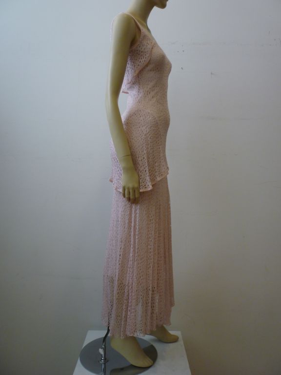 Brown 1930s Pink Eyelet Tulle Lace Gown with Peplum