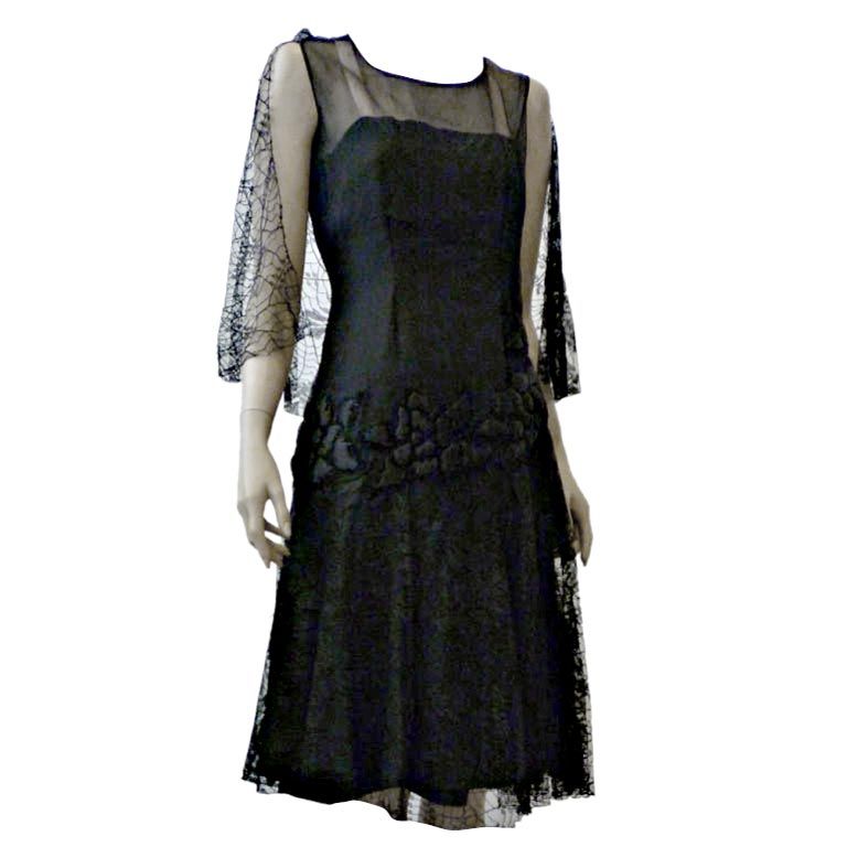 1920s Silk Chiffon and Lace Cocktail Dress w/ Quilted Detail