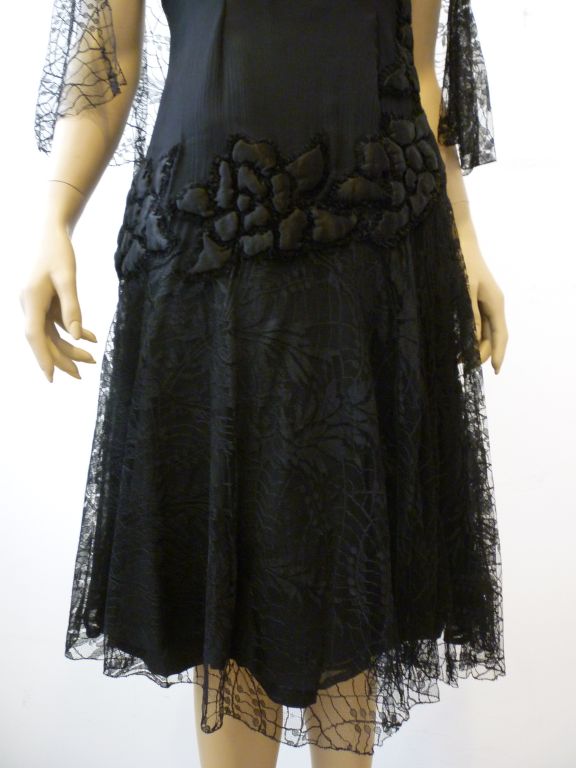 Black 1920s Silk Chiffon and Lace Cocktail Dress w/ Quilted Detail