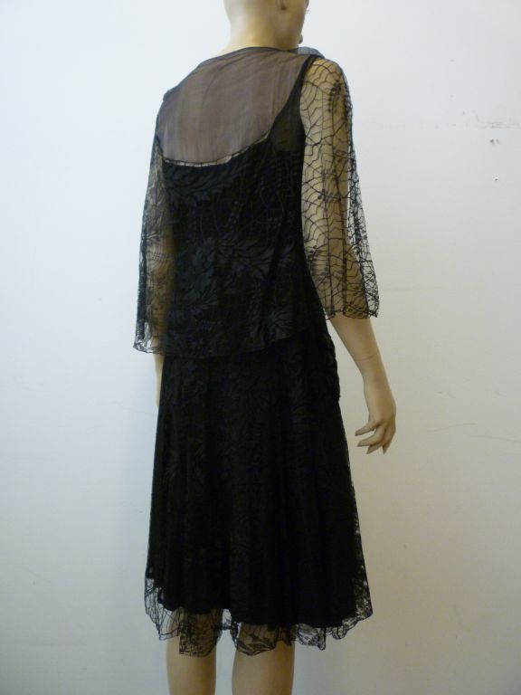 1920s Silk Chiffon and Lace Cocktail Dress w/ Quilted Detail 1