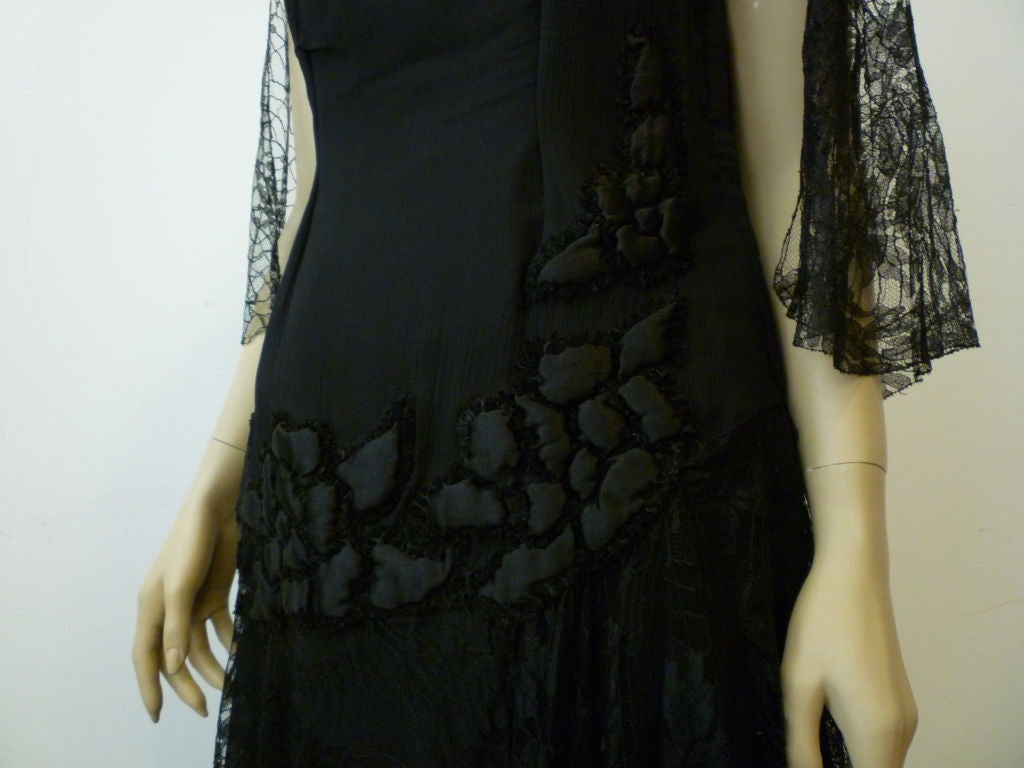 1920s Silk Chiffon and Lace Cocktail Dress w/ Quilted Detail 3