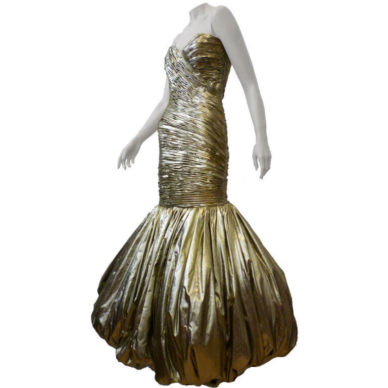 Incredible 1980s Ruched Gold Lamé Bubble Gown