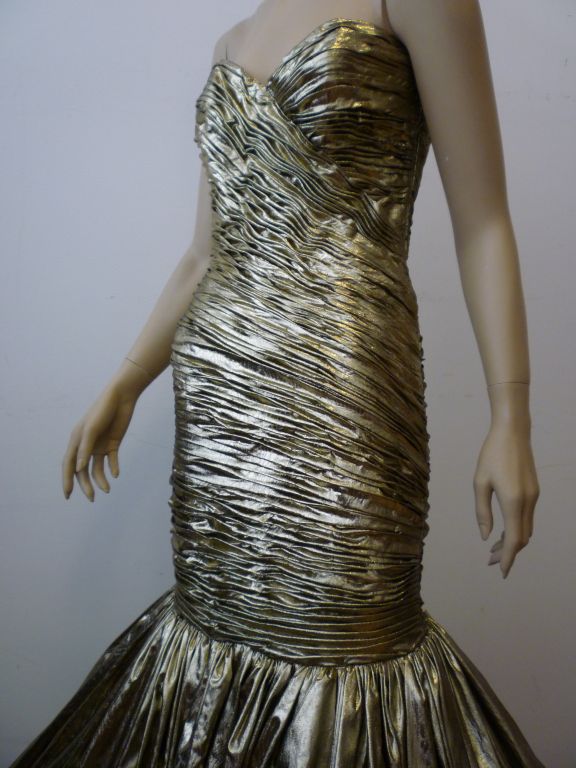 Brown Incredible 1980s Ruched Gold Lamé Bubble Gown