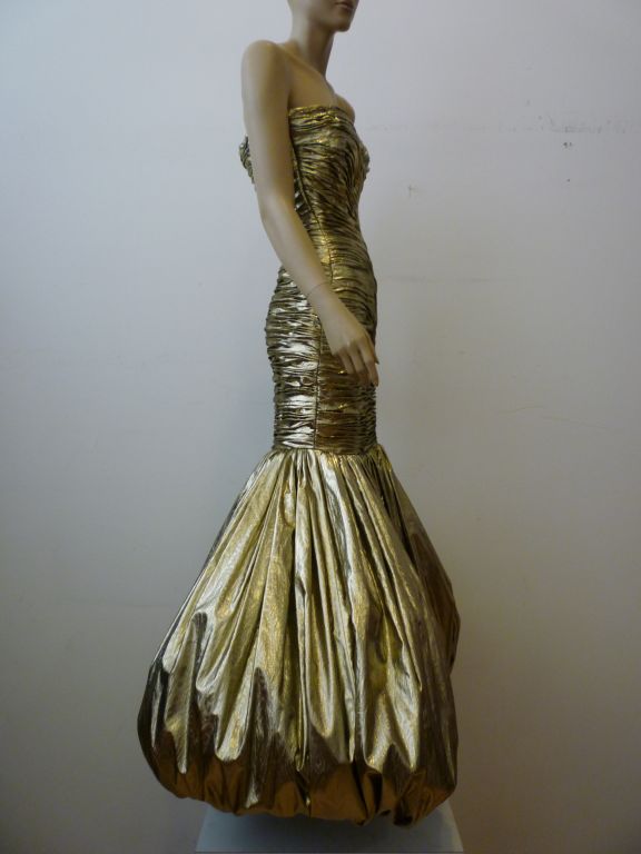 Incredible 1980s Ruched Gold Lamé Bubble Gown 1